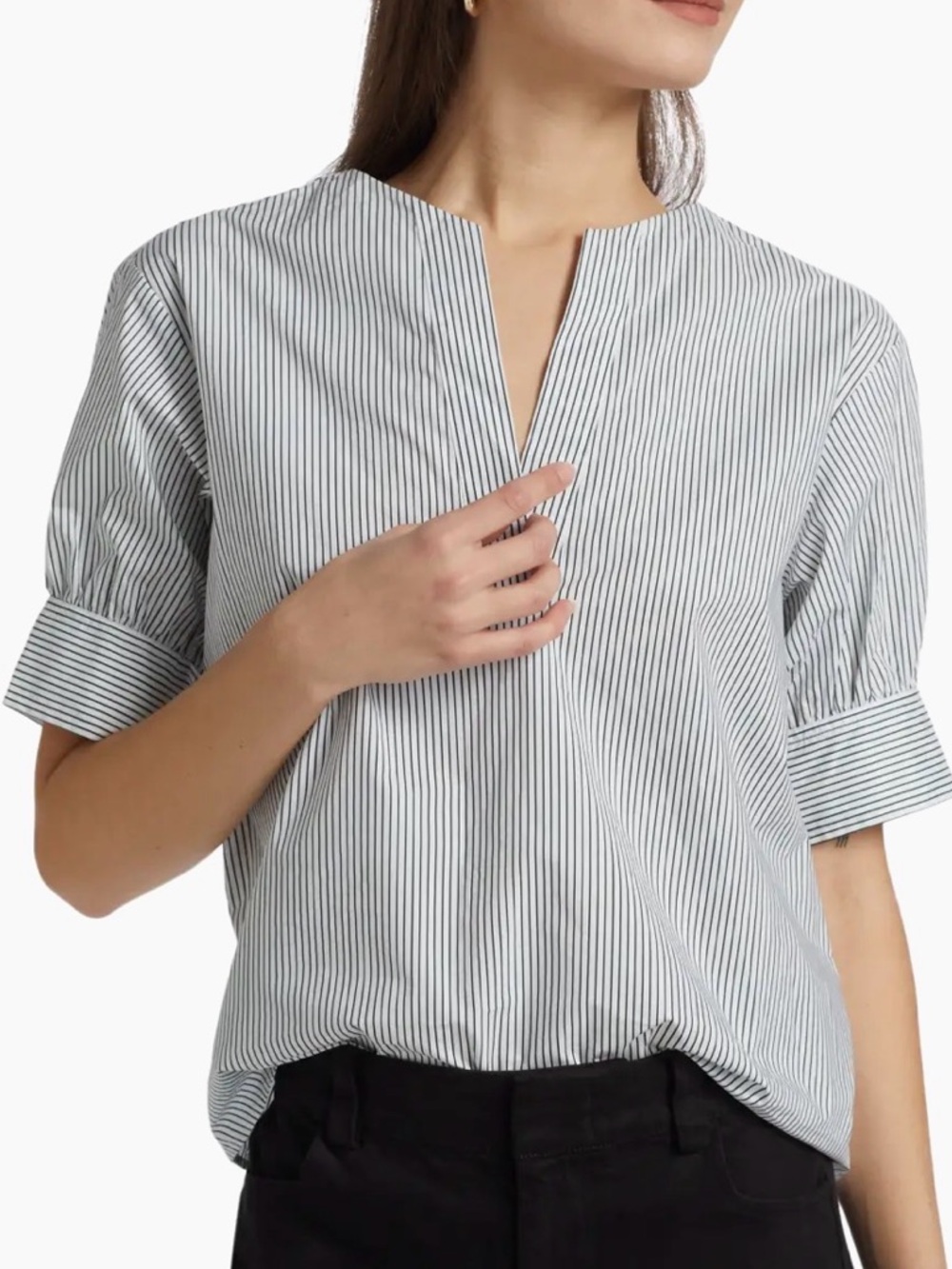 Like New FRAME Striped V Neck Puff Sleeve Organic Cotton Top Medium Retail $298
